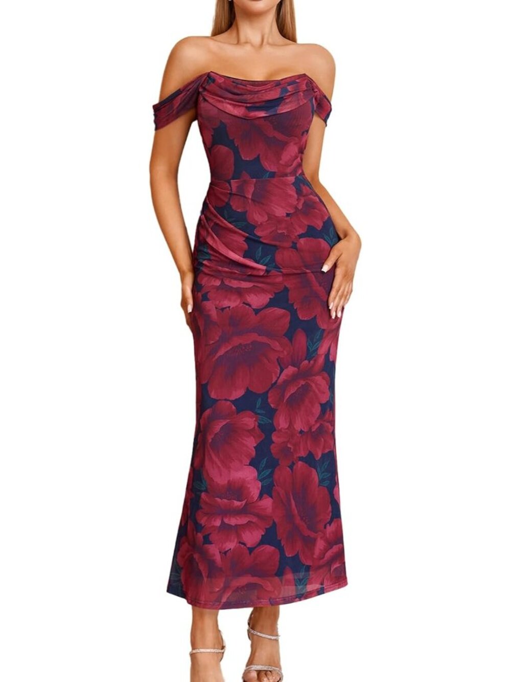 Women's Red Floral Off The Shoulder Bodycon Corset Formal Wedding Maxi Dresses